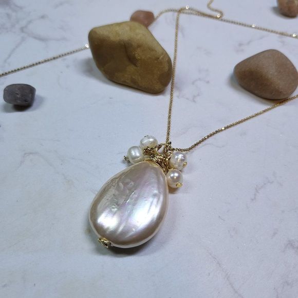 White pearl natural necklace and pendant gold filled - Picture 1 of 4